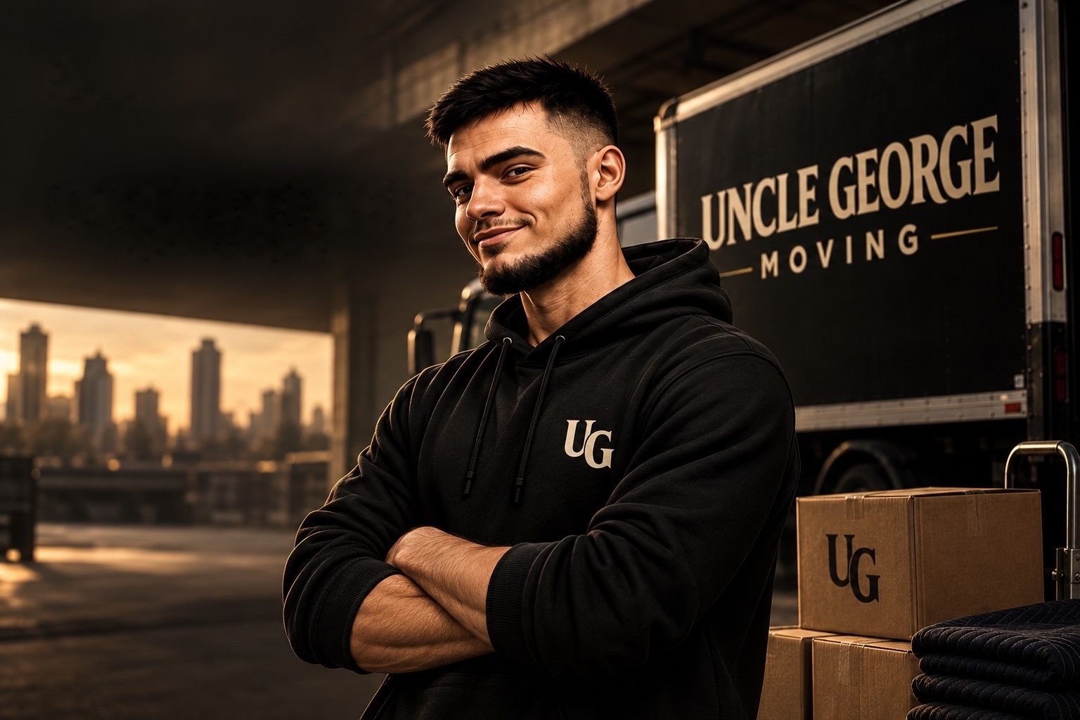 George, the founder of Uncle George Moving, arms crossed in a black UG hoodie beside his moving truck and a stack of boxes